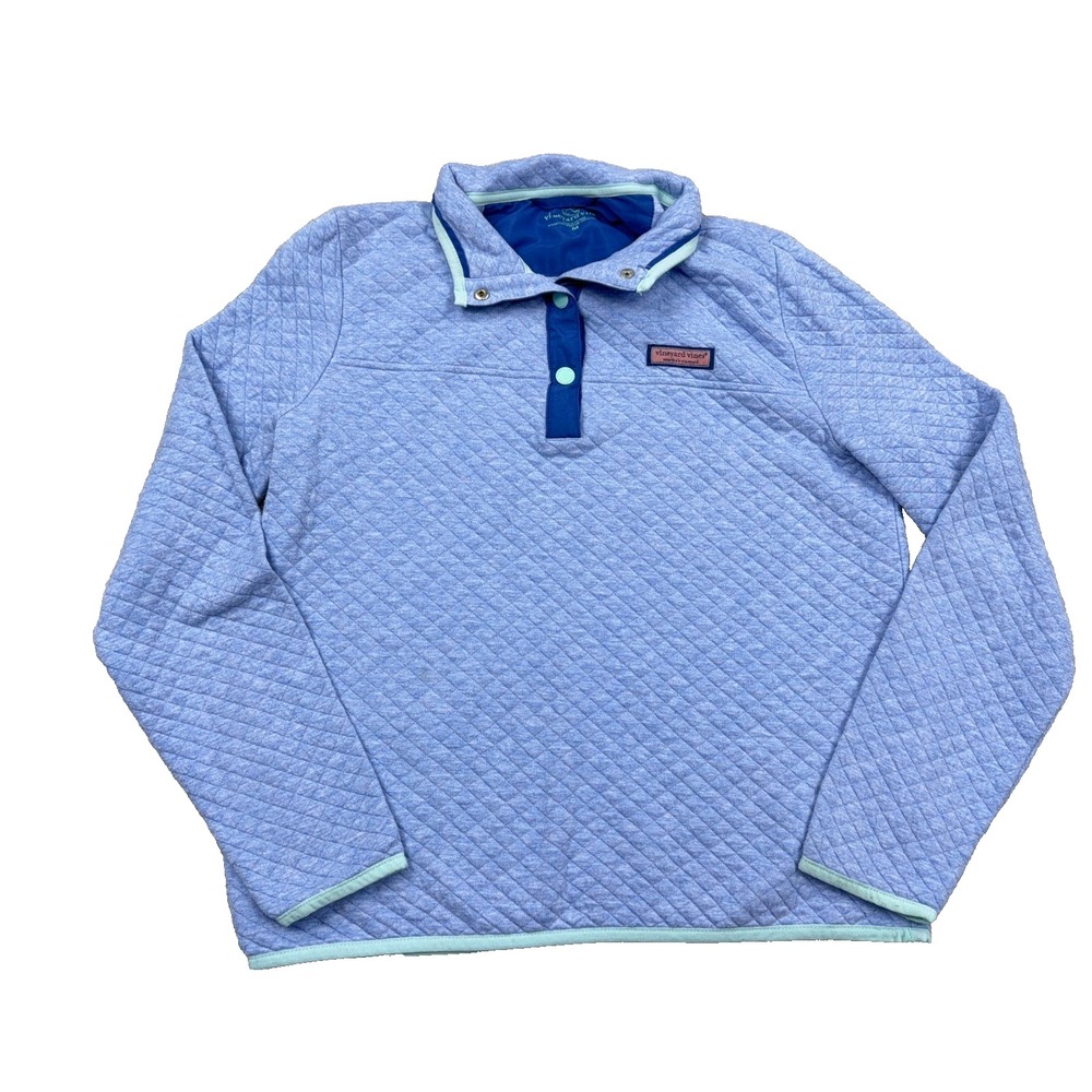 Vineyard Vines Sweater Women Medium Blue  Pullover Quilted Snap T Sweatshirt *